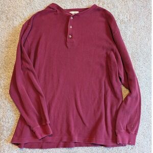 Eddie Bauer Henley Shirt Mens Large Burgundy Waffle Knit Cotton Long Sleeve